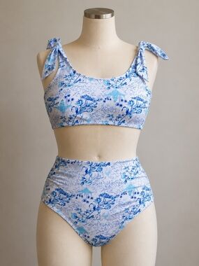 Blue & White High-Waisted Bikini Set